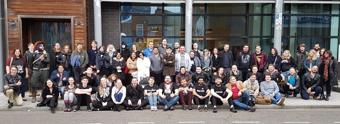 A large group of tired people gather outside the Phoenix cinema after the all-night horror marathon Frightarama.